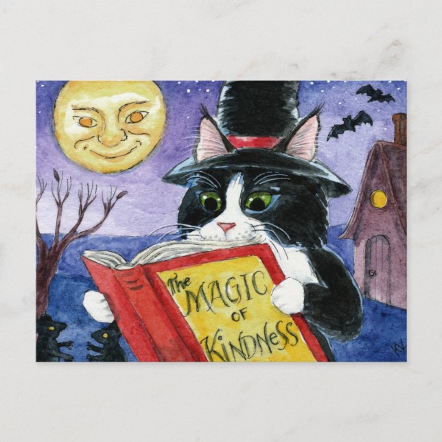 Carte Postale Chat mignon Halloween Art sorcière magie (Devant)