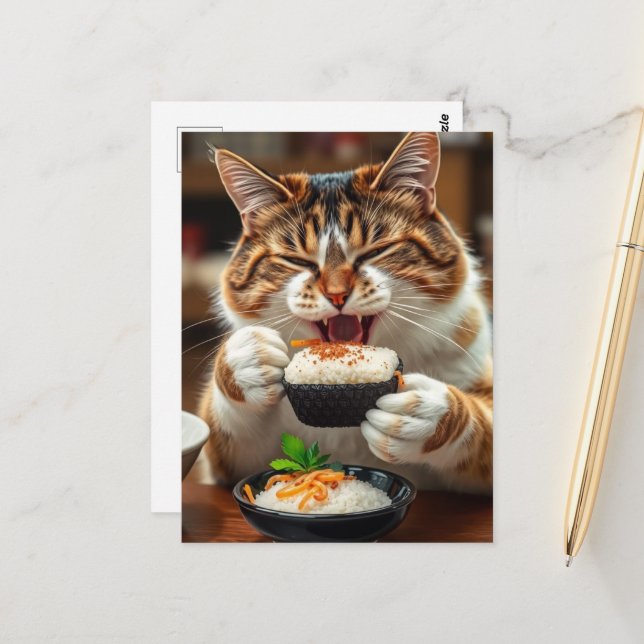 Carte Postale Chat mignon mangeant un rouleau de sushi (Devant/Arrière en situation)