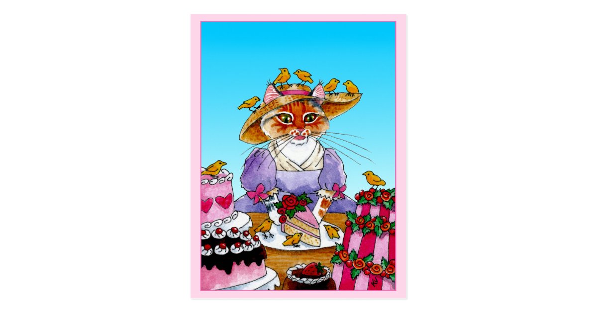 Carte Postale Chat Mignon Oiseau Gateau D Anniversaire Zazzle Fr