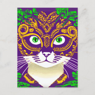 Carte Postale Chat mignon portant un Masque Mardi Gras