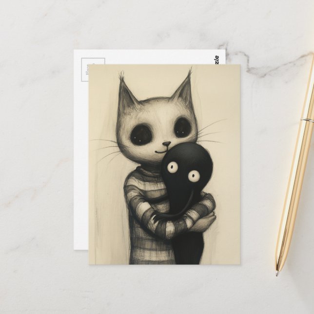 Carte Postale Chat mignon qui enlace son ami (Devant/Arrière en situation)