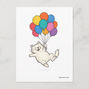 Carte Postale Chat mignon tenant des ballons colorés