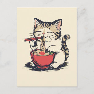 Carte Postale Chat mignon tendance mangeant des ramen japonais
