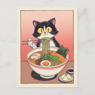 Carte Postale Chat mignon tendance mangeant des ramen japonais 