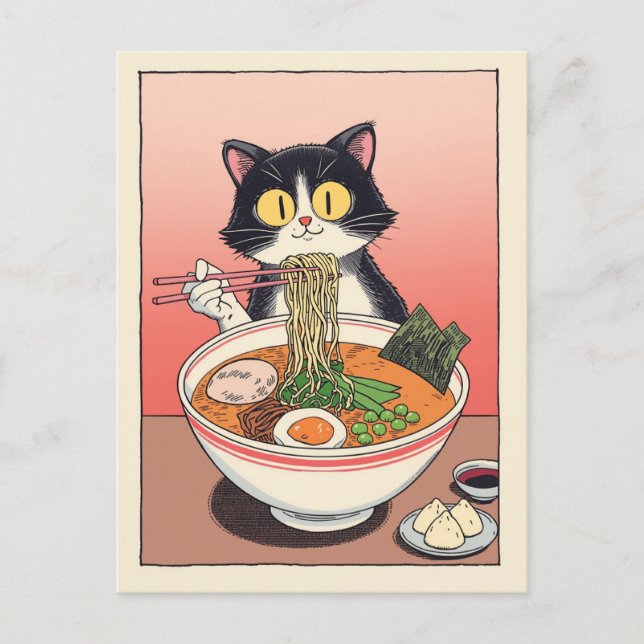 Carte Postale Chat mignon tendance mangeant des ramen japonais  (Devant)
