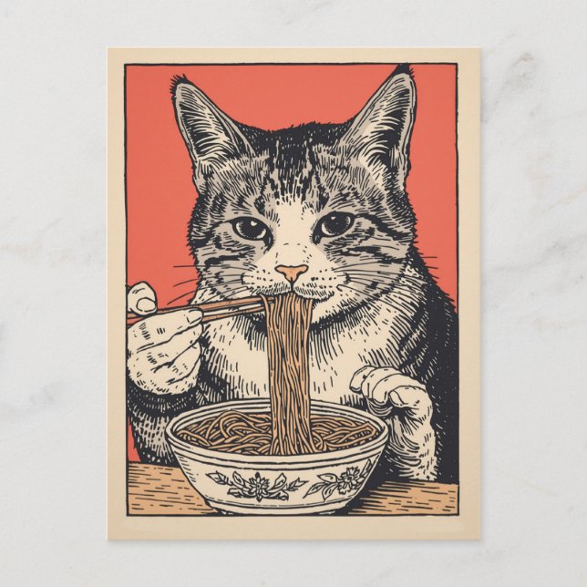 Carte Postale Chat mignon tendance mangeant des ramen japonais  (Devant)