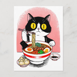 Carte Postale Chat mignon tendance mangeant des ramen japonais