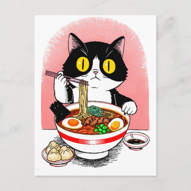 Carte Postale Chat mignon tendance mangeant des ramen japonais  (Devant)