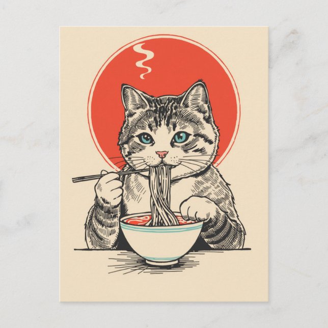 Carte Postale Chat mignon tendance mangeant des ramen japonais  (Devant)