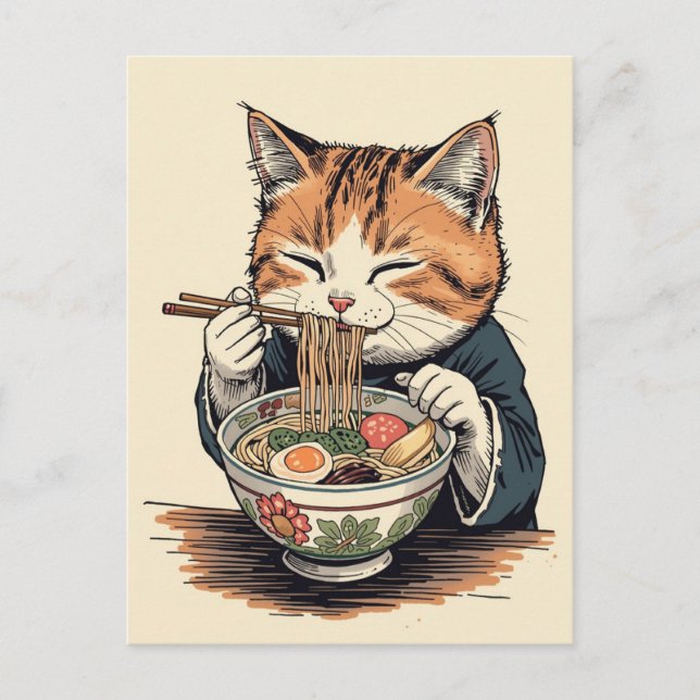 Carte Postale Chat mignon tendance mangeant des ramen japonais  (Devant)