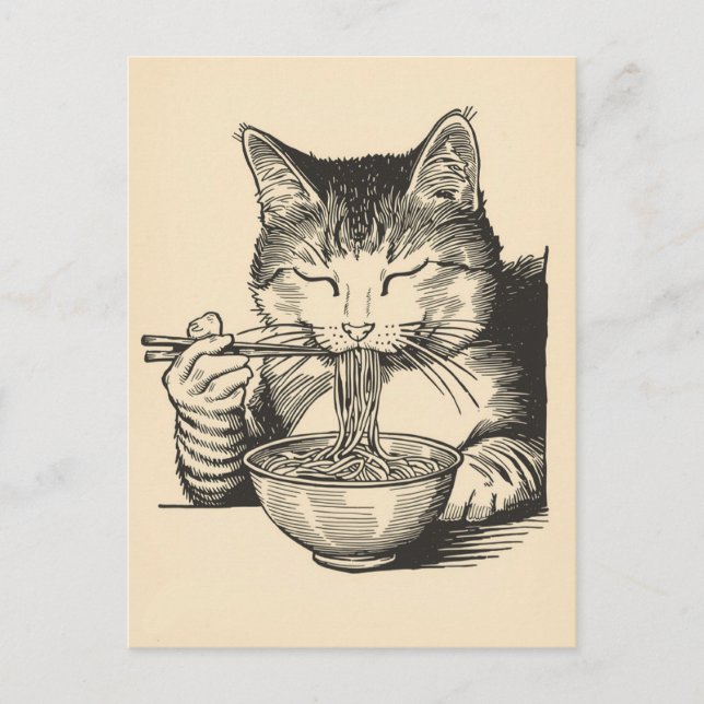 Carte Postale Chat mignon tendance mangeant des ramen japonais  (Devant)