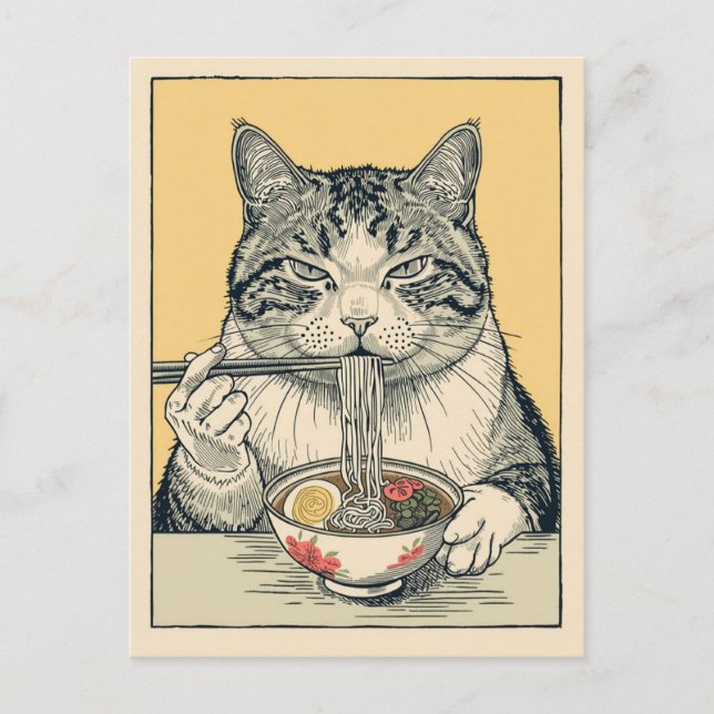 Carte Postale Chat mignon tendance mangeant des ramen japonais  (Devant)