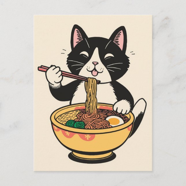 Carte Postale Chat mignon tendance mangeant des ramen japonais  (Devant)