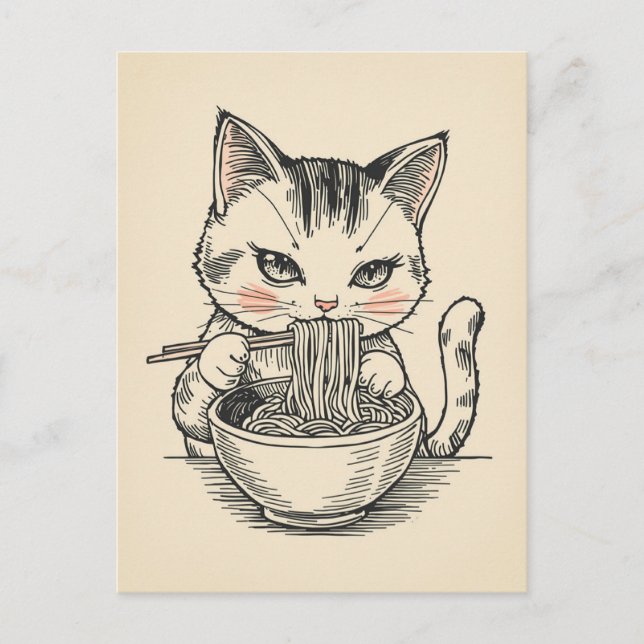 Carte Postale Chat mignon tendance mangeant des ramen japonais  (Devant)