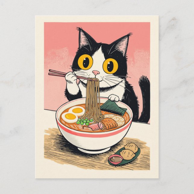Carte Postale Chat mignon tendance mangeant des ramen japonais  (Devant)