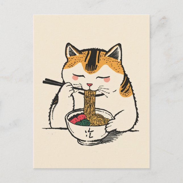 Carte Postale Chat mignon tendance mangeant des ramen japonais  (Devant)