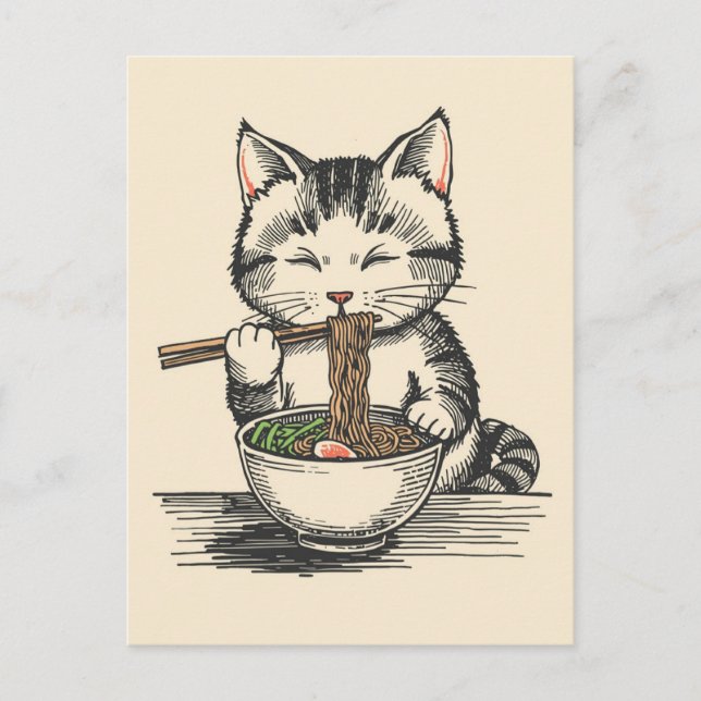 Carte Postale Chat mignon tendance mangeant des ramen japonais  (Devant)