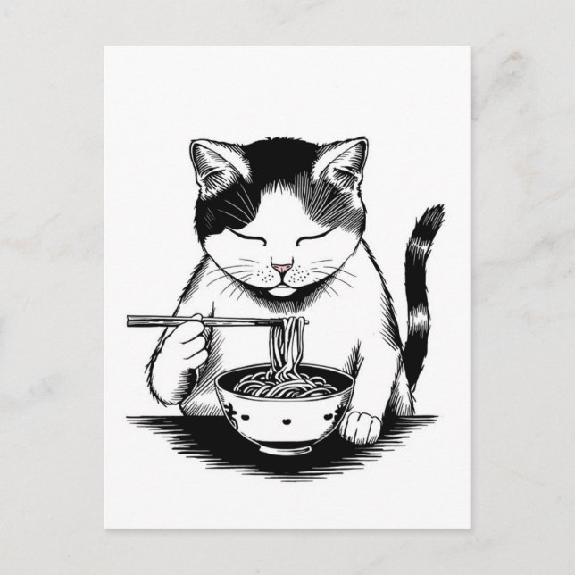 Carte Postale Chat mignon tendance mangeant des ramen japonais  (Devant)