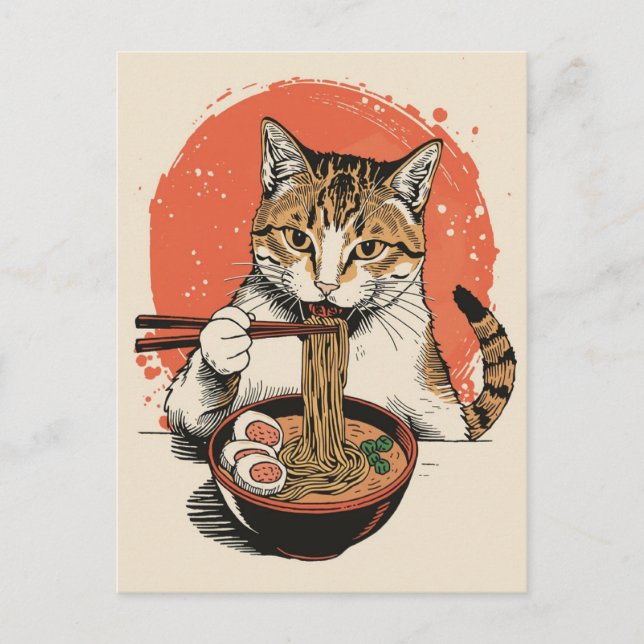 Carte Postale Chat mignon tendance mangeant des ramen japonais  (Devant)