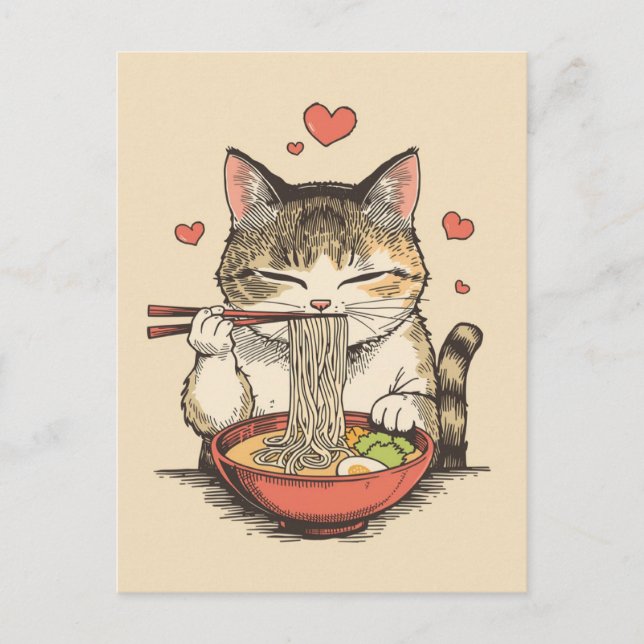 Carte Postale Chat mignon tendance mangeant des ramen japonais  (Devant)