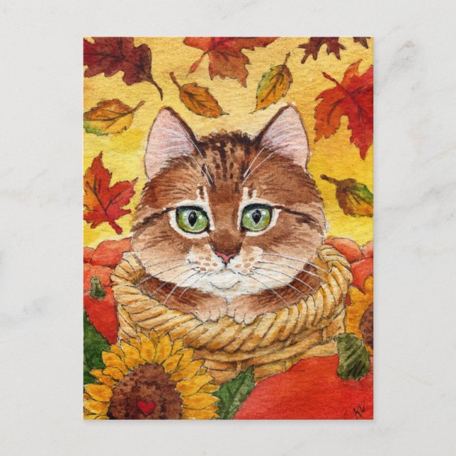 Carte Postale Chat mignonne Automne Panier d'automne Citrouille  (Devant)
