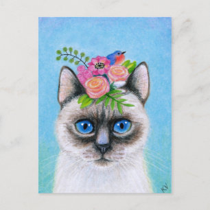 Carte Postale Chat mignonne avec Casquette de fleurs de printemp
