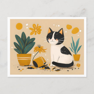 Carte Postale Chat mignonne et Pot à fleurs cassées Moderne
