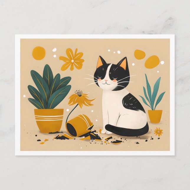 Carte Postale Chat mignonne et Pot à fleurs cassées Moderne (Devant)