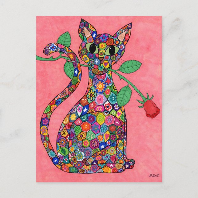Carte Postale Chat Millefiori avec Rose Rouge (Devant)