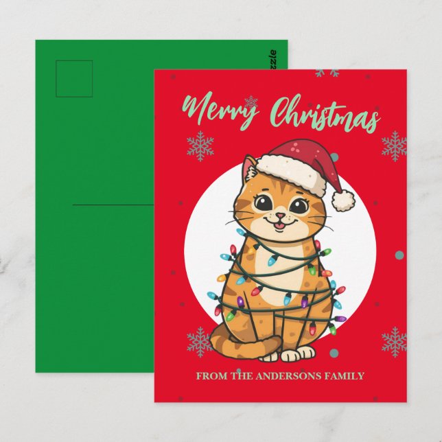 Carte Postale Chat moderne joyeux Noël flocon rouge chaton (Devant / Derrière)