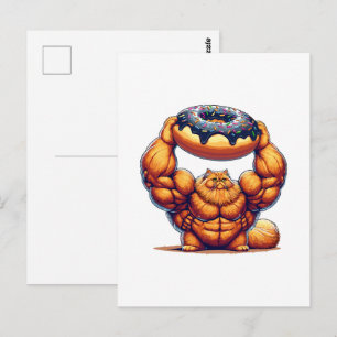 Carte Postale Chat Musclé Soulevant un Beignet
