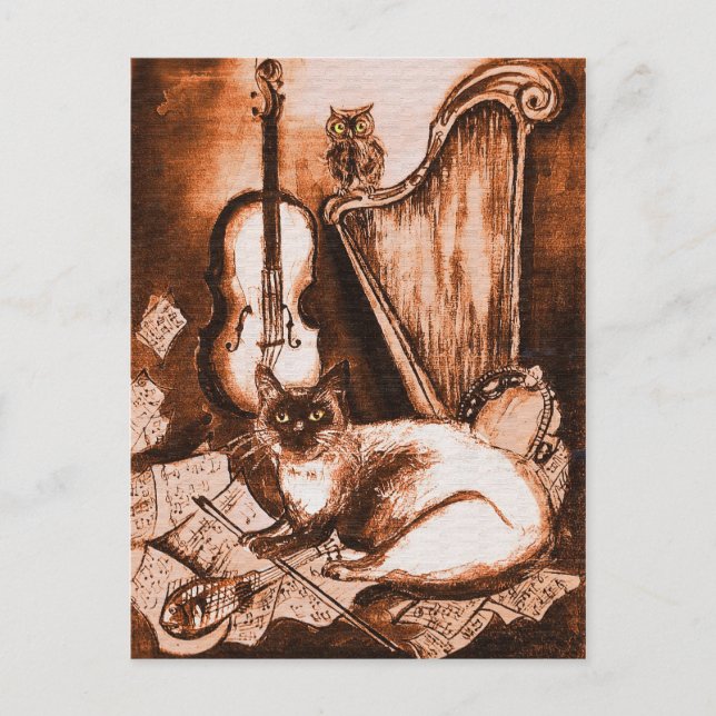 Carte Postale CHAT MUSICAL ET OWL, Brown et blanc (Devant)