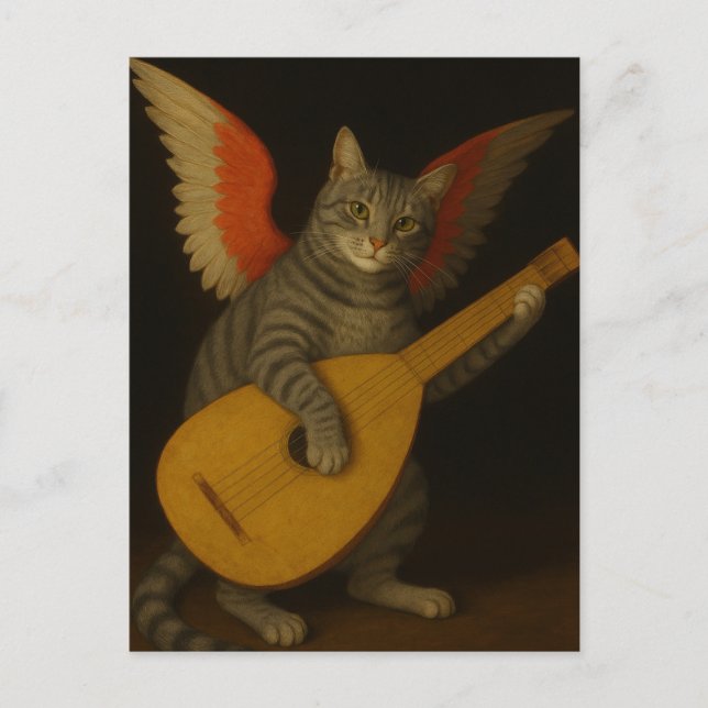 Carte Postale Chat musicien ailé jouant du luth Art (Devant)
