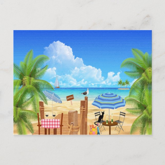 Carte Postale Chat Noir À La Plage (Devant)