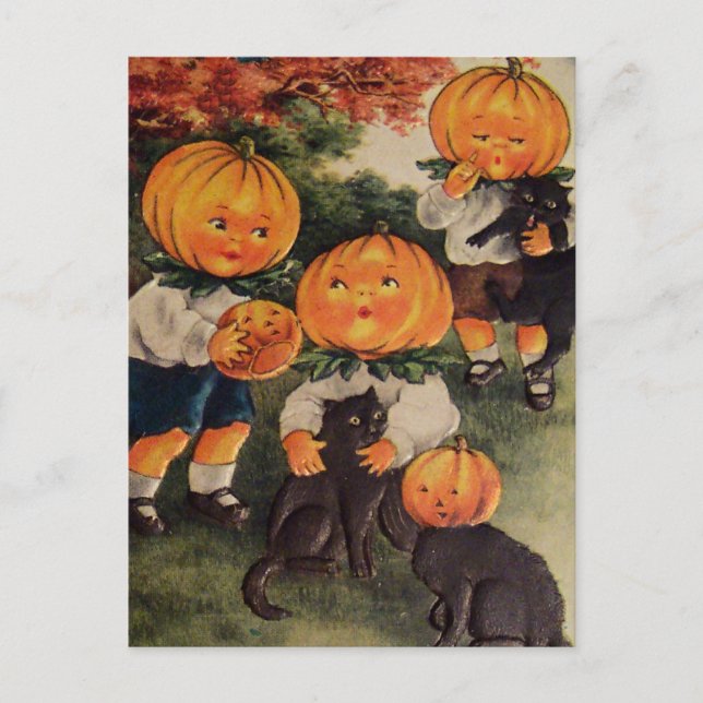 Carte Postale Chat noir à tête de pompons (carte d'Halloween Vin (Devant)