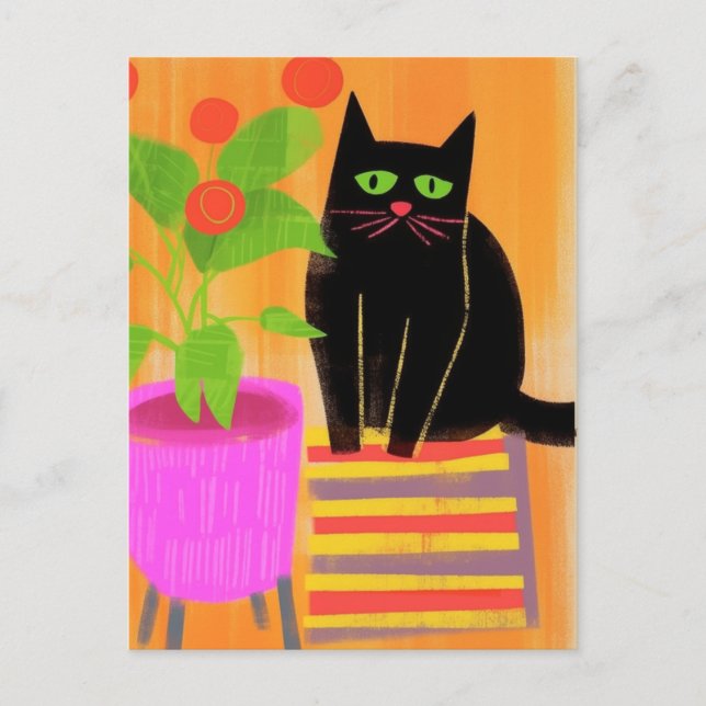 Carte Postale Chat Noir Adorable Avec Plantes (Devant)