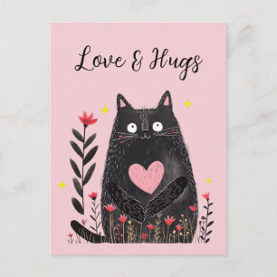 Carte Postale Chat noir amour et câlins à l'aquarelle florale