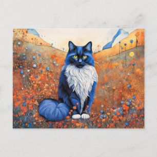Carte Postale Chat noir aquarelle dans le champ de coquelicot