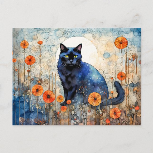 Carte Postale Chat noir aquarelle dans le champ de coquelicot (Devant)
