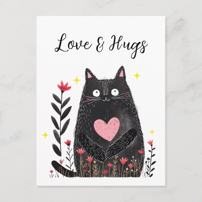 Carte Postale Chat noir aquarelle florale Amour et Câlins (Devant)