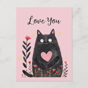 Carte Postale Chat noir aquarelle florale avec cœur Je t'aime
