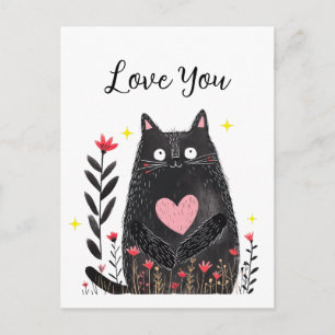 Carte Postale Chat noir aquarelle florale avec cœur Je t'aime