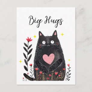 Carte Postale Chat noir aquarelle florale Cœur rose Gros câlins