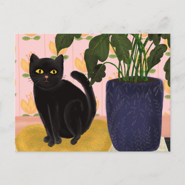 Carte Postale Chat noir assis assez en rose (Devant)