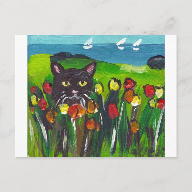 Carte Postale Chat noir au milieu des tulipes (Devant)