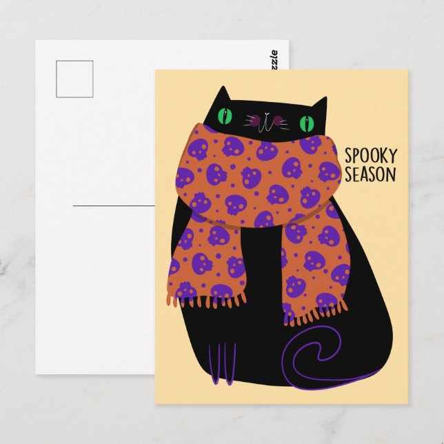 Carte Postale Chat noir automne saison Halloween Éffrayant migno (Devant / Derrière)