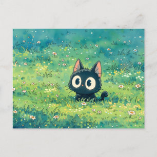 Carte Postale Chat Noir aux Yeux Écarquillés dans une Prairie de