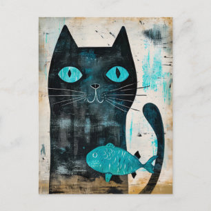 Carte Postale Chat noir aux yeux turquoise et poisson