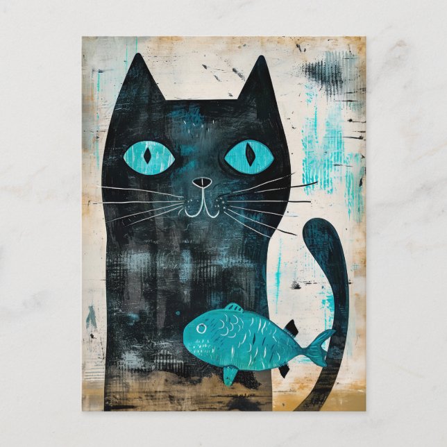 Carte Postale Chat noir aux yeux turquoise et poisson (Devant)