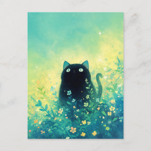 Carte Postale Chat noir aux yeux verts dans une prairie de fleur